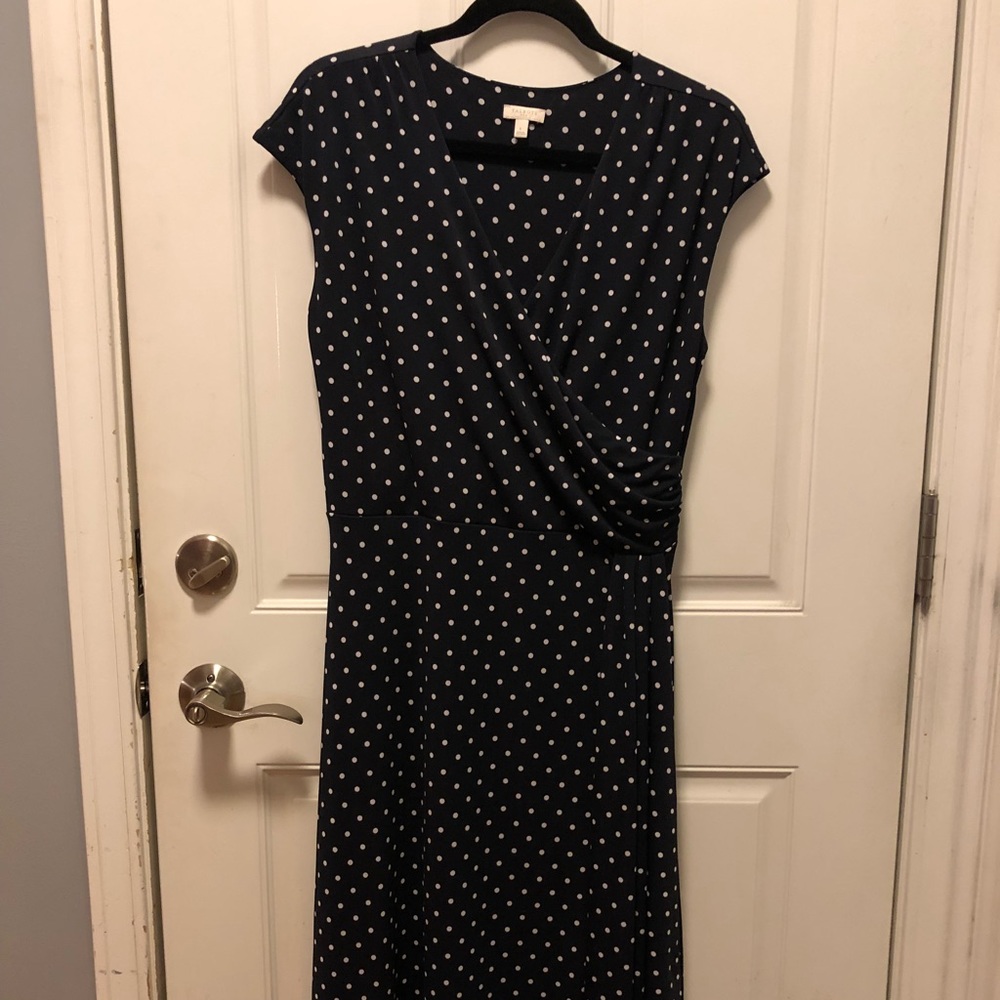 Talbot’s navy and white polka dot wrap dress